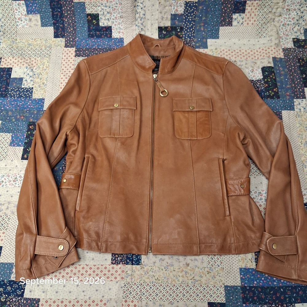 Wilsons Leather Pelle Studio Moto Jacket Womens XL Cognac Brown Paisley Lined